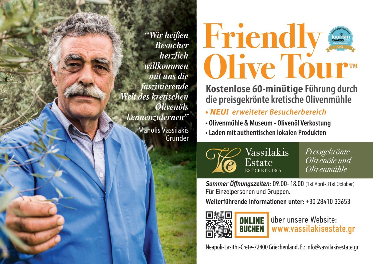 Discover the secrets of olive oil at Vasilakis estate.  See how olive oil is produced and savor the 